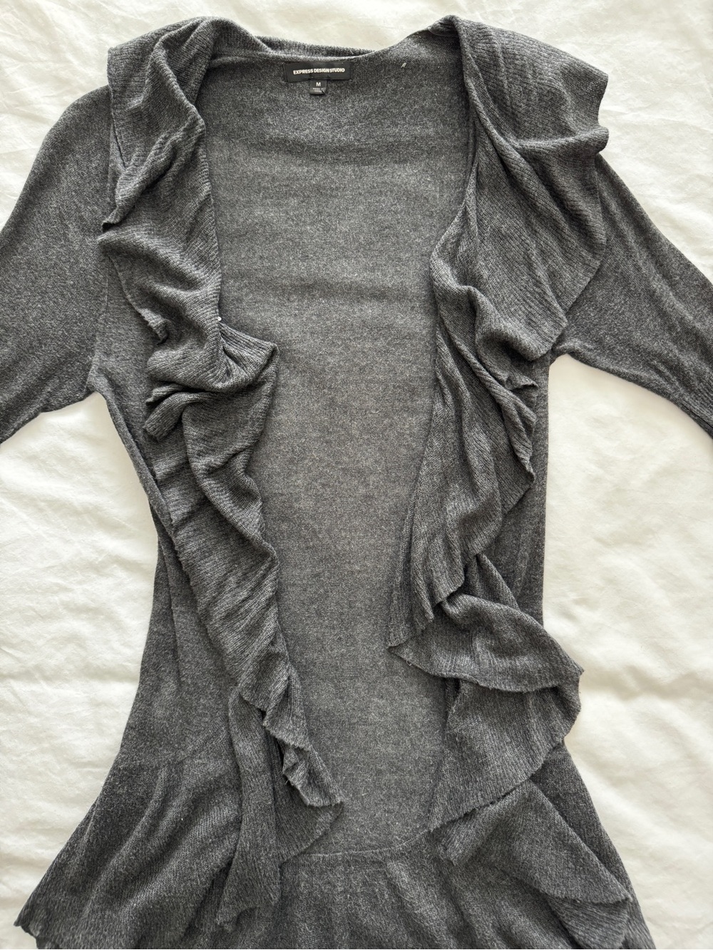 Express Dark Gray Ruffle Open-Front Cardigan - Picture 2 of 13